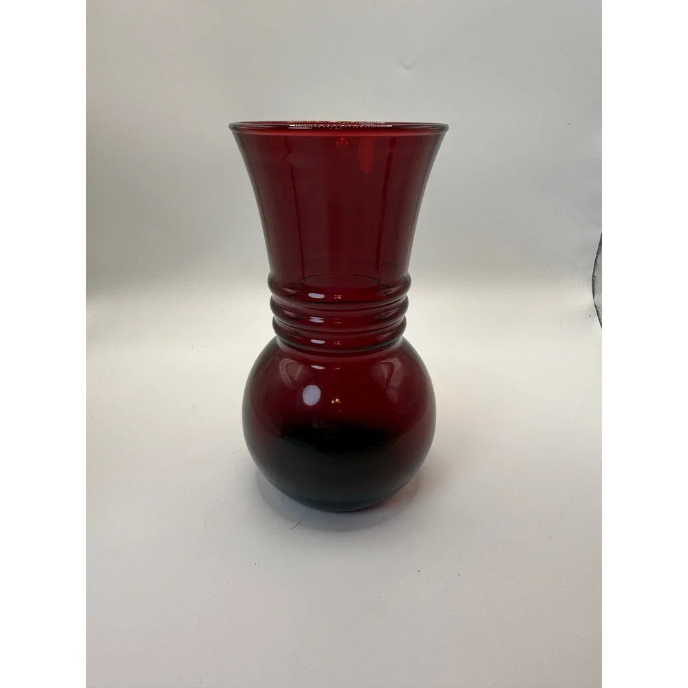 Vintage Ruby Red Glass Vase Triple Ring Neck Bulbous Flared Rim MCM